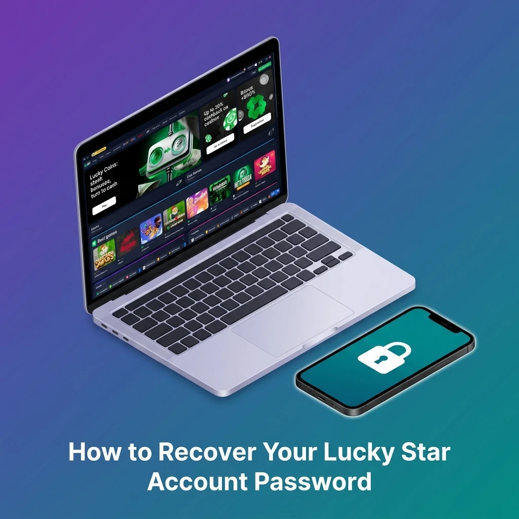 Lucky Star account password recovery steps showing forgot password link, email reset, and new password setup process