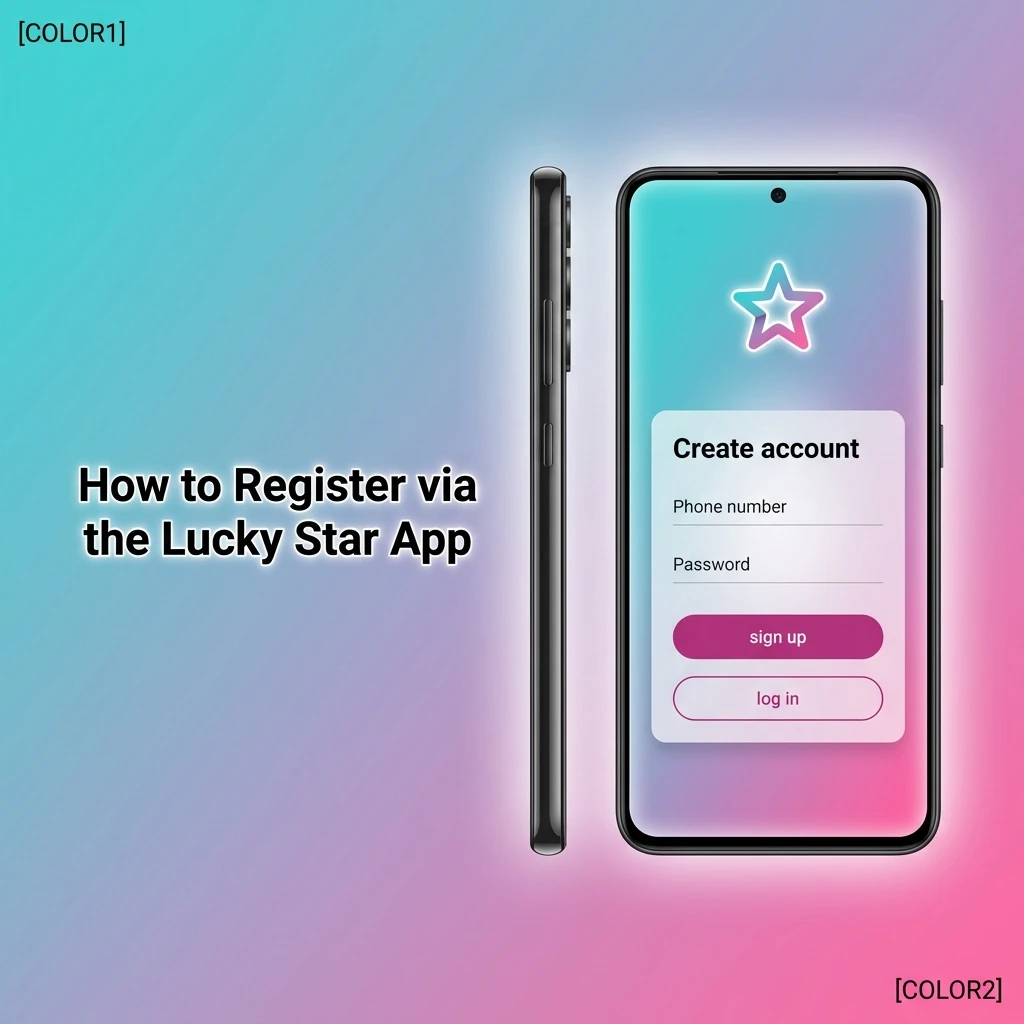 Lucky Star app registration steps on mobile screen showing sign-up form with INR currency option and welcome bonus
