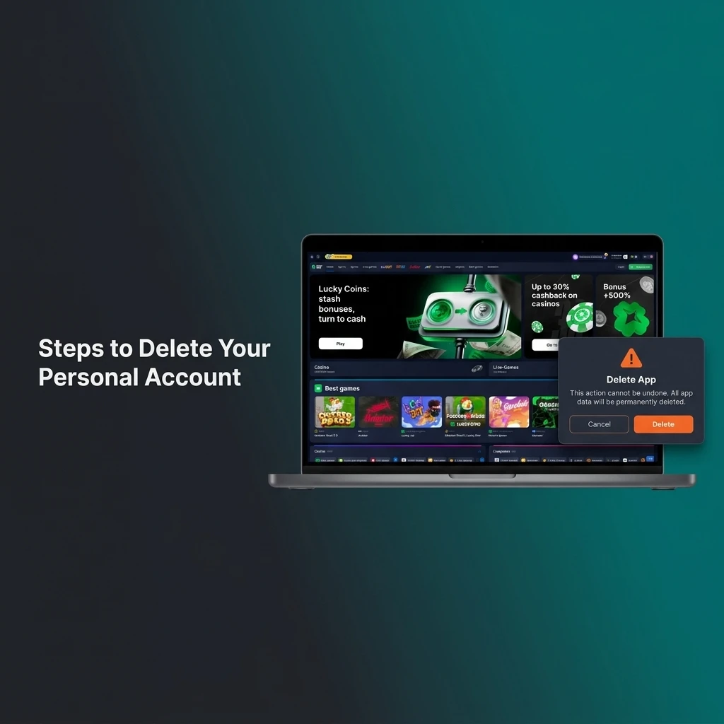 Steps to delete a personal account via Account Settings, including withdrawing balance and confirming identity before submission.