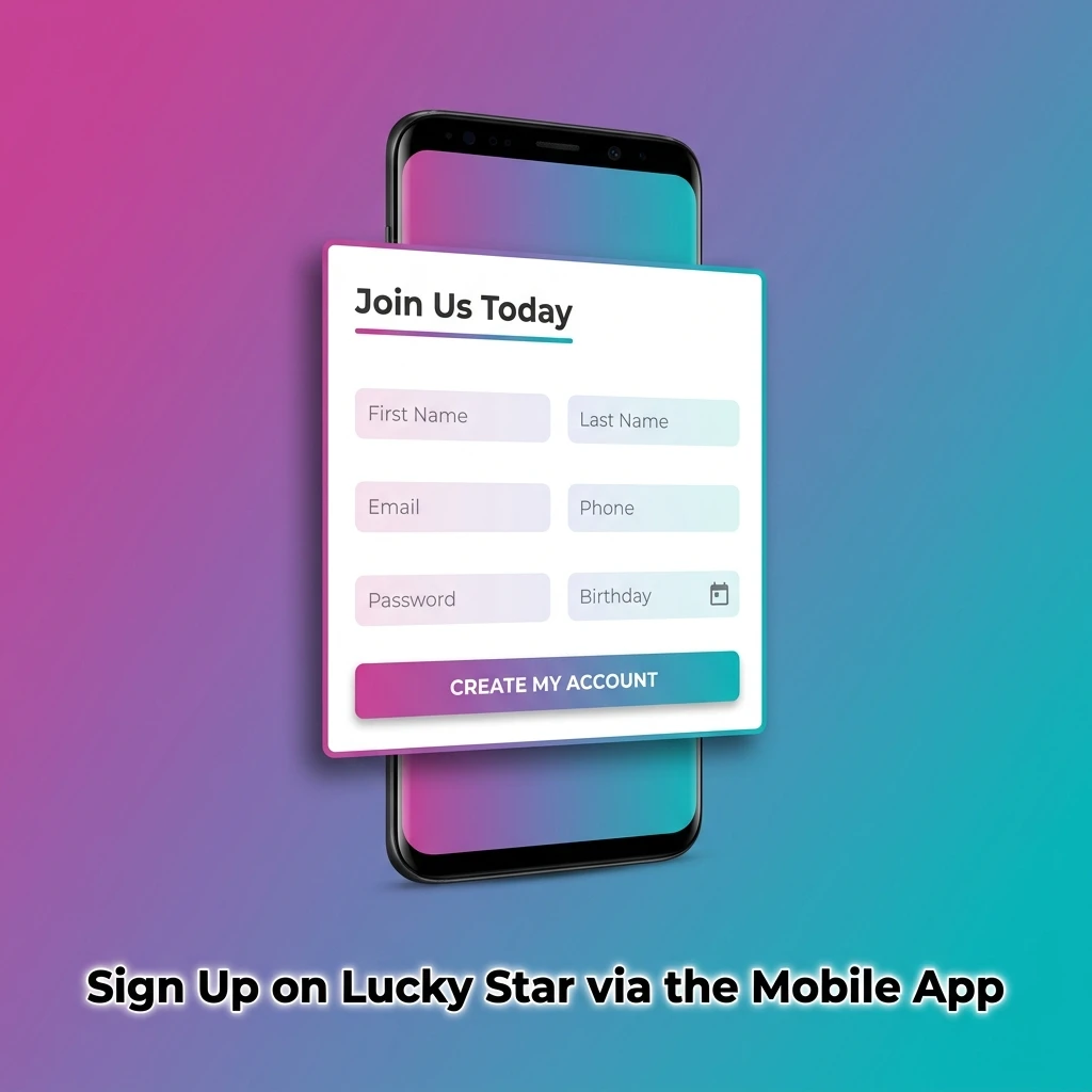 Lucky Star mobile app registration screen showing sign up process with phone, email, or one-click options on touch interface