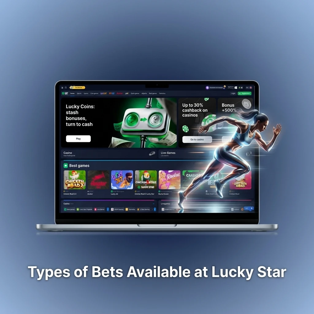 Diagram showing single bet, express accumulator, and system bet types available at Lucky Star sports betting platform